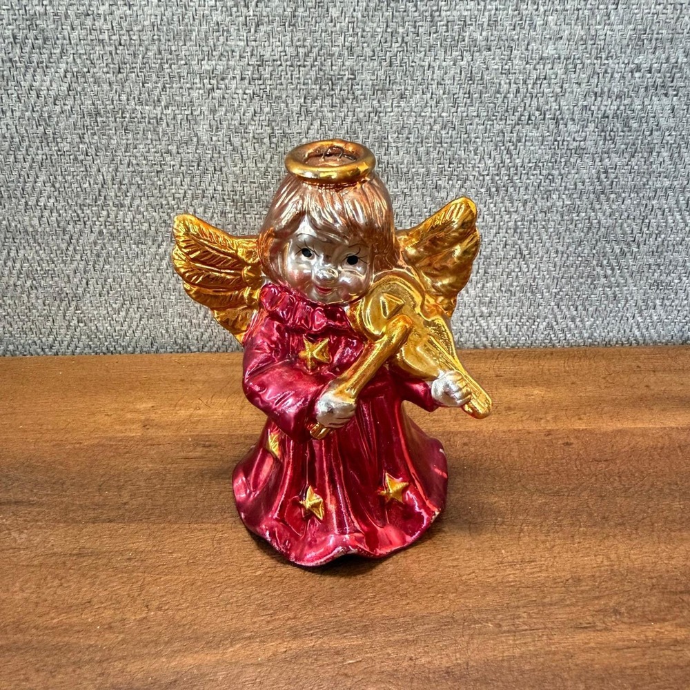 Vintage Angel Figurine Ornament Bell Red Gold Star Trumpet Christmas Decor